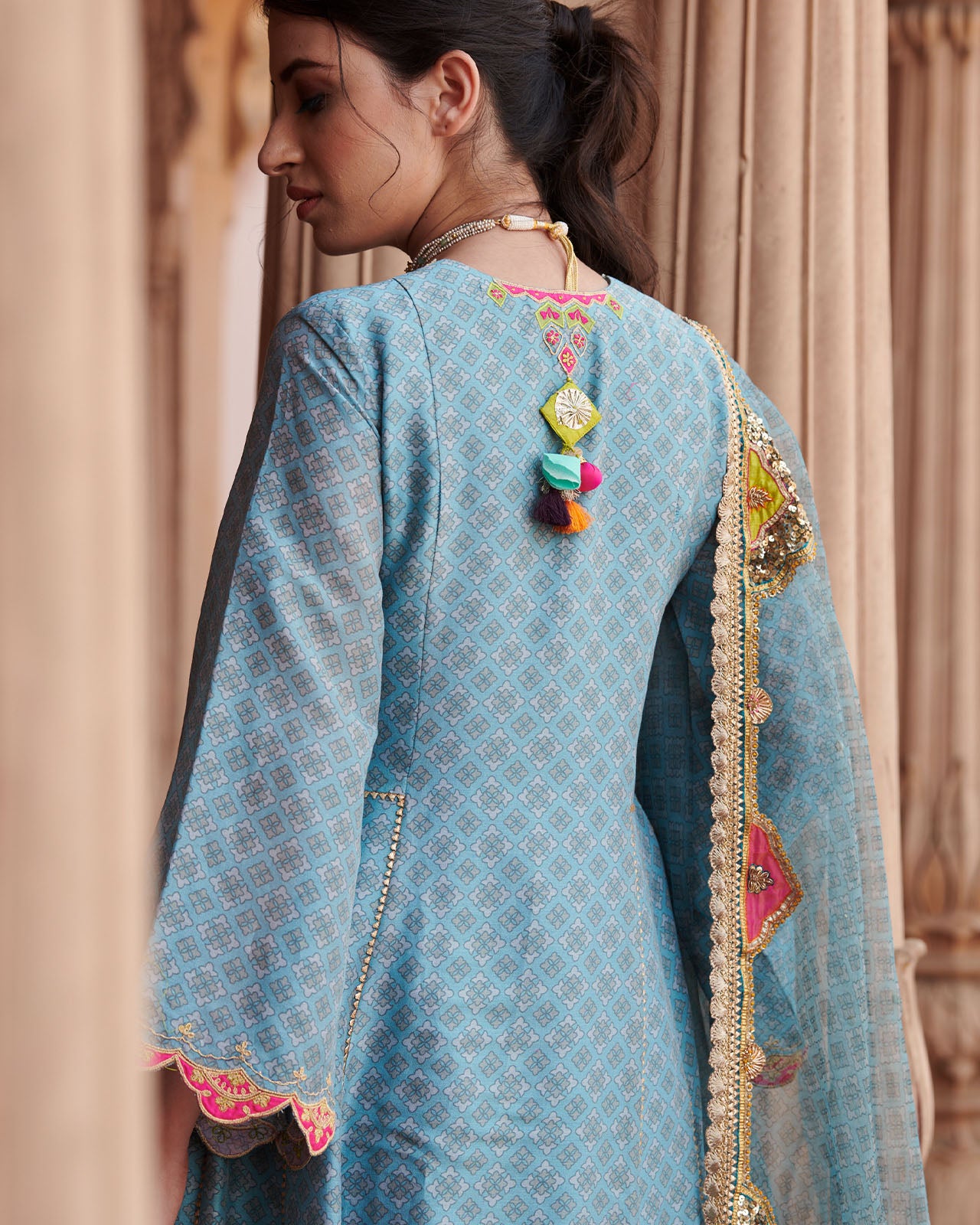 Zahra Printed Ice Blue Side Kali Anarkali Set