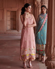 Zahra Pastel Pink - Powder Blue Printed Organza Panel Kurta Set