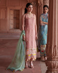 Zahra Pastel Pink - Powder Blue Printed Organza Panel Kurta Set