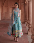 Zahra Ice Blue Printed Organza Panel Kurta Set