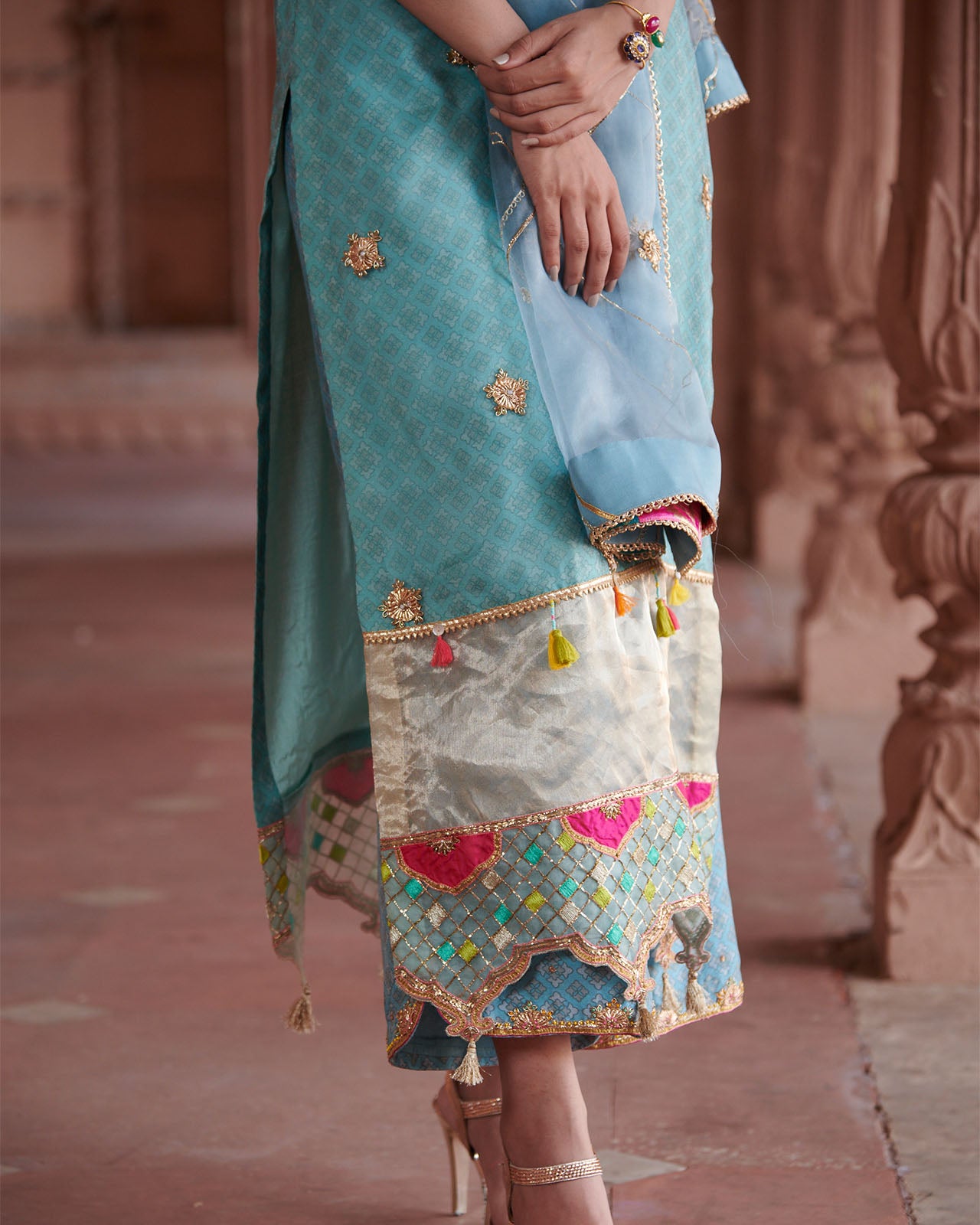 Zahra Ice Blue Printed Organza Panel Kurta Set