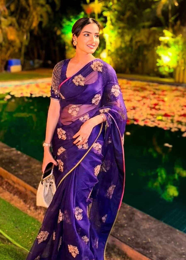 Jasmin Bhasin Purple Organza Bouquet Saree Set