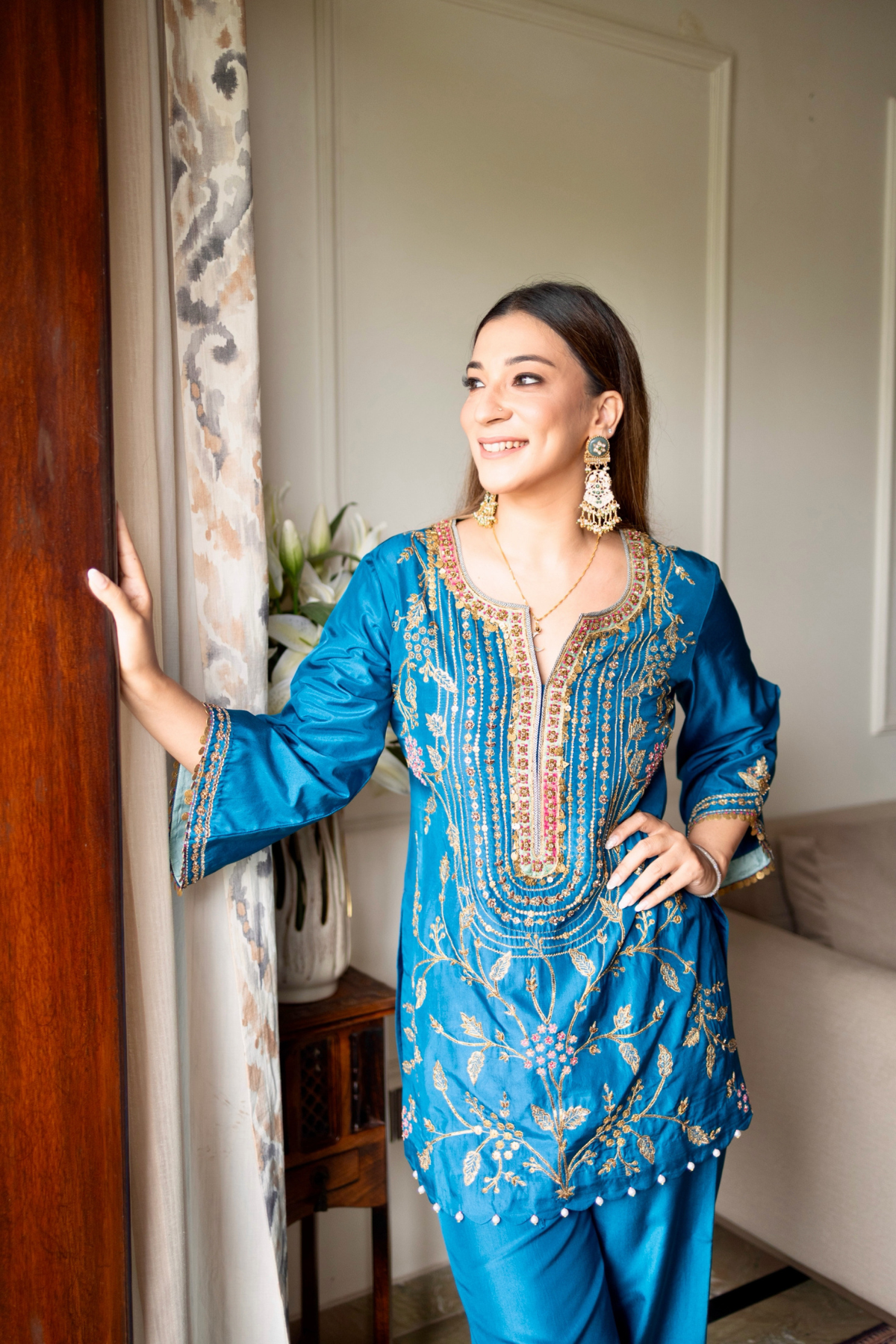 Parisa Barkzi  in Mastani Yoke Jaal Teal Blue Silk Short Kurta Set