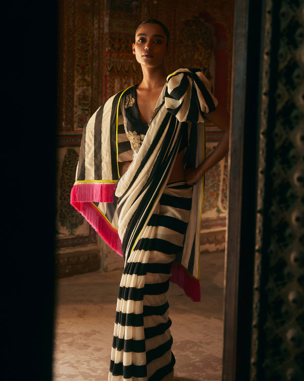 Khel Black And White Stripe Saree With Waistcoat Blouse
