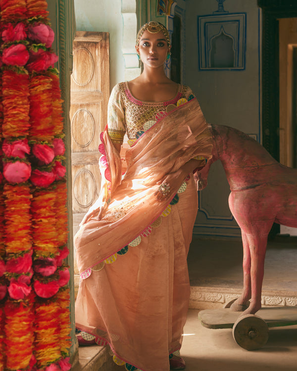 Khel Pastel Pink Pearl Sprinkle Tissue Saree