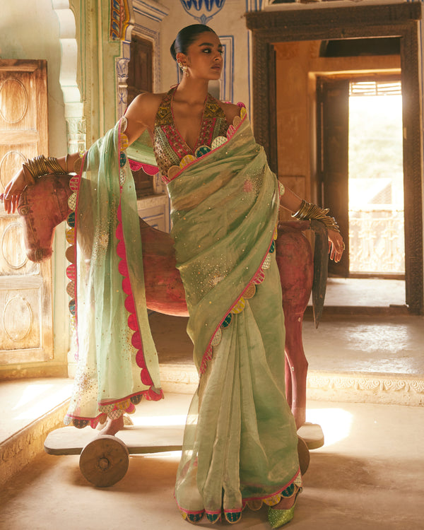Khel Powder Blue Pearl Sprinkle Tissue Saree