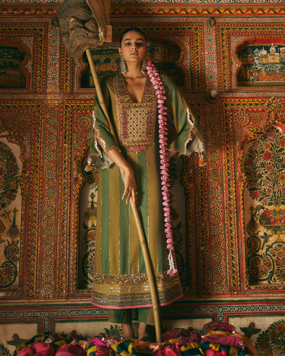 Khel Olive Green Yoke Embellished Kurta Set