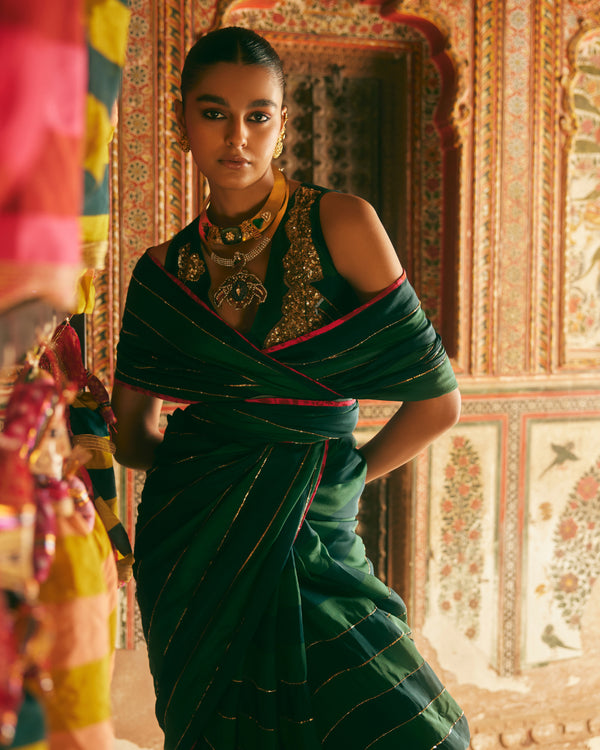 Khel Teal Green Stripe Saree With Waistcoat Blouse