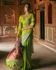 Khel Bright Green And Powder Blue Floral Saree