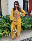 Nisha Aggarwal Yellow Tissue Yoke Boota Kurta Set