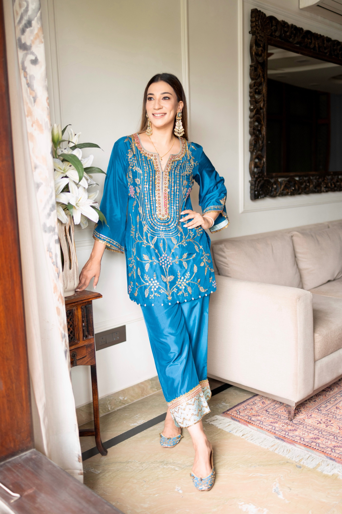 Parisa Barkzi  in Mastani Yoke Jaal Teal Blue Silk Short Kurta Set