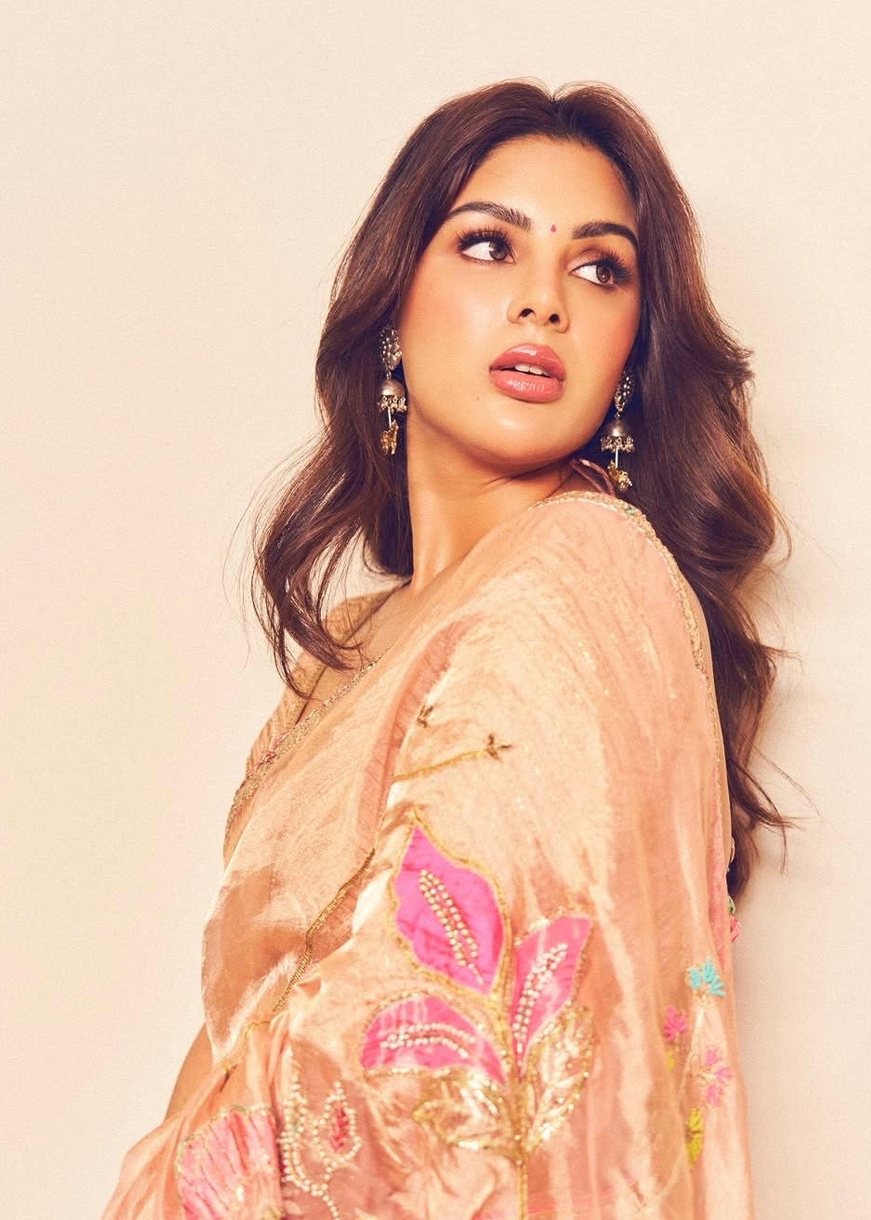 Samyuktha Nude Pink Tissue Floral Jaal Saree Set