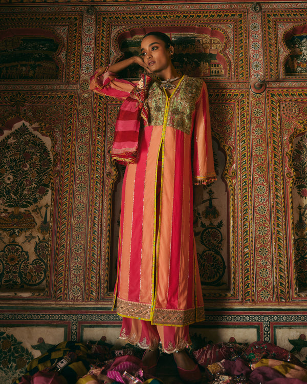 Khel Pink and Pastel Yoke Embellished Jacket Kurta Set