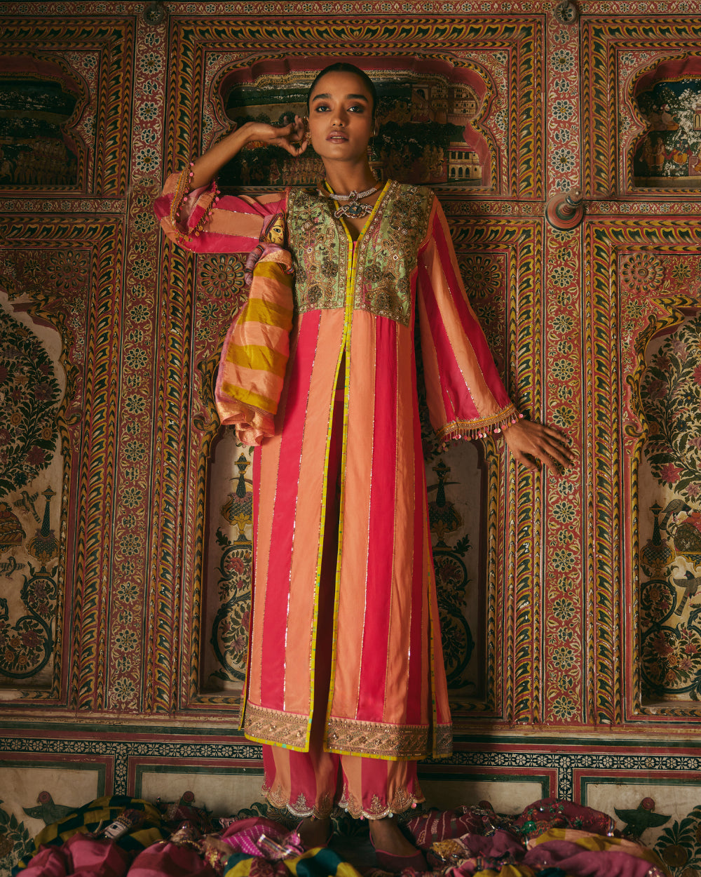 Khel Pink and Pastel Yoke Embellished Jacket Kurta Set