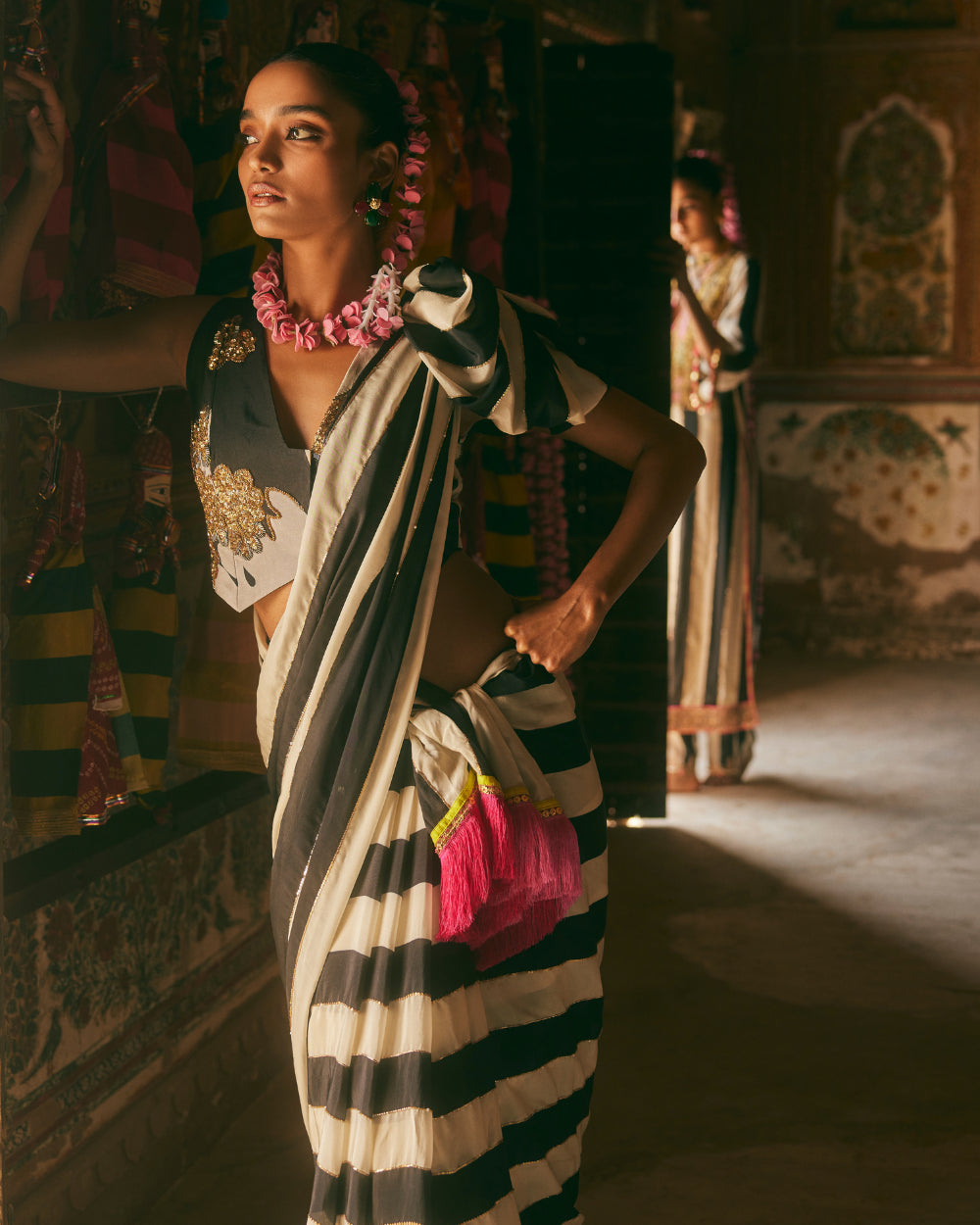 Khel Black And White Stripe Saree With Waistcoat Blouse