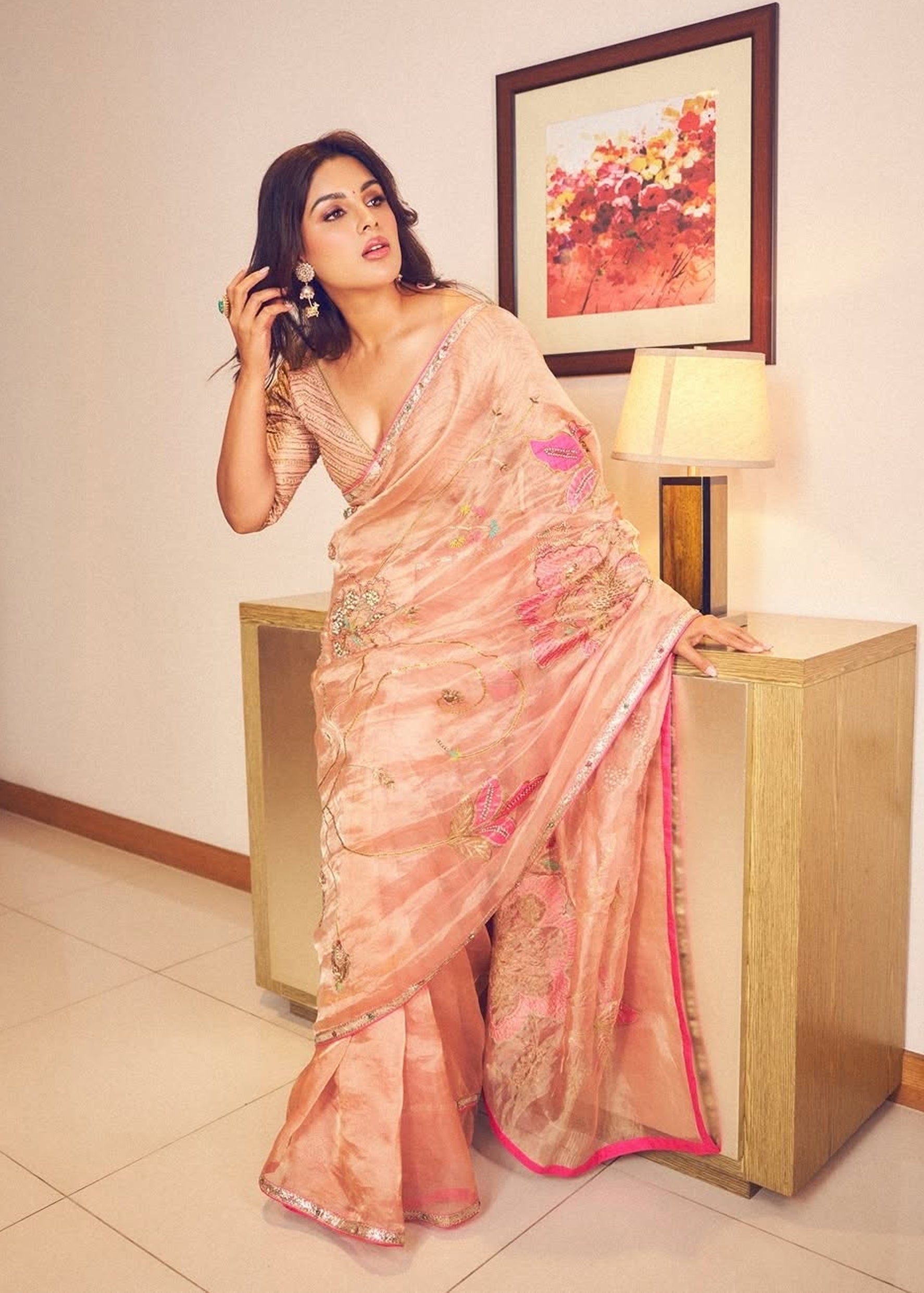 Samyuktha Nude Pink Tissue Floral Jaal Saree Set