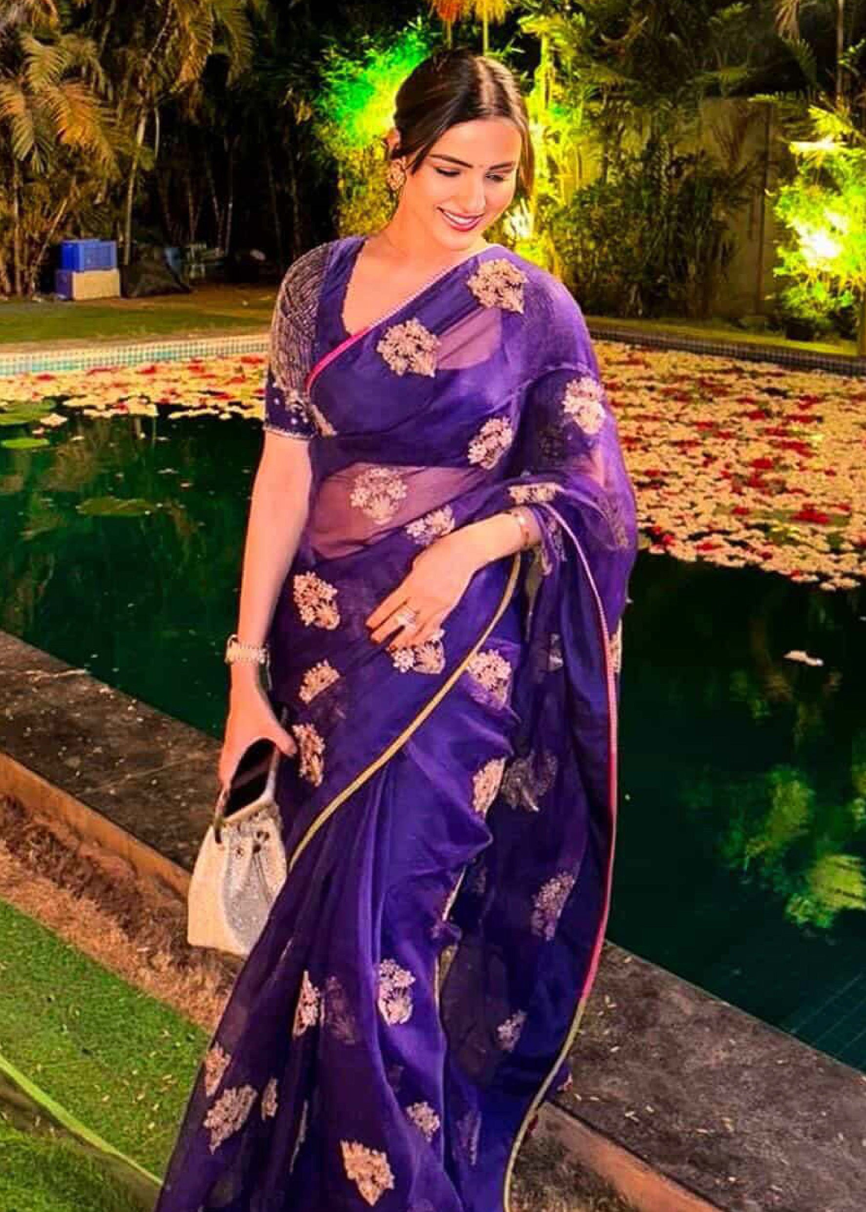 Jasmin Bhasin Purple Organza Bouquet Saree Set