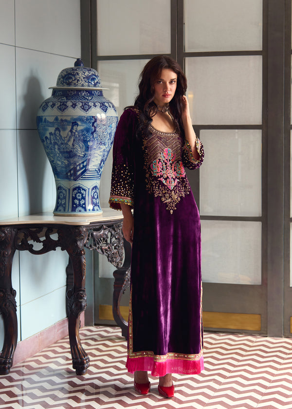 After Hours Purple Boota Yoke Velvet Kaftan Dress