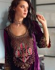 After Hours Purple Boota Yoke Velvet Kaftan Dress