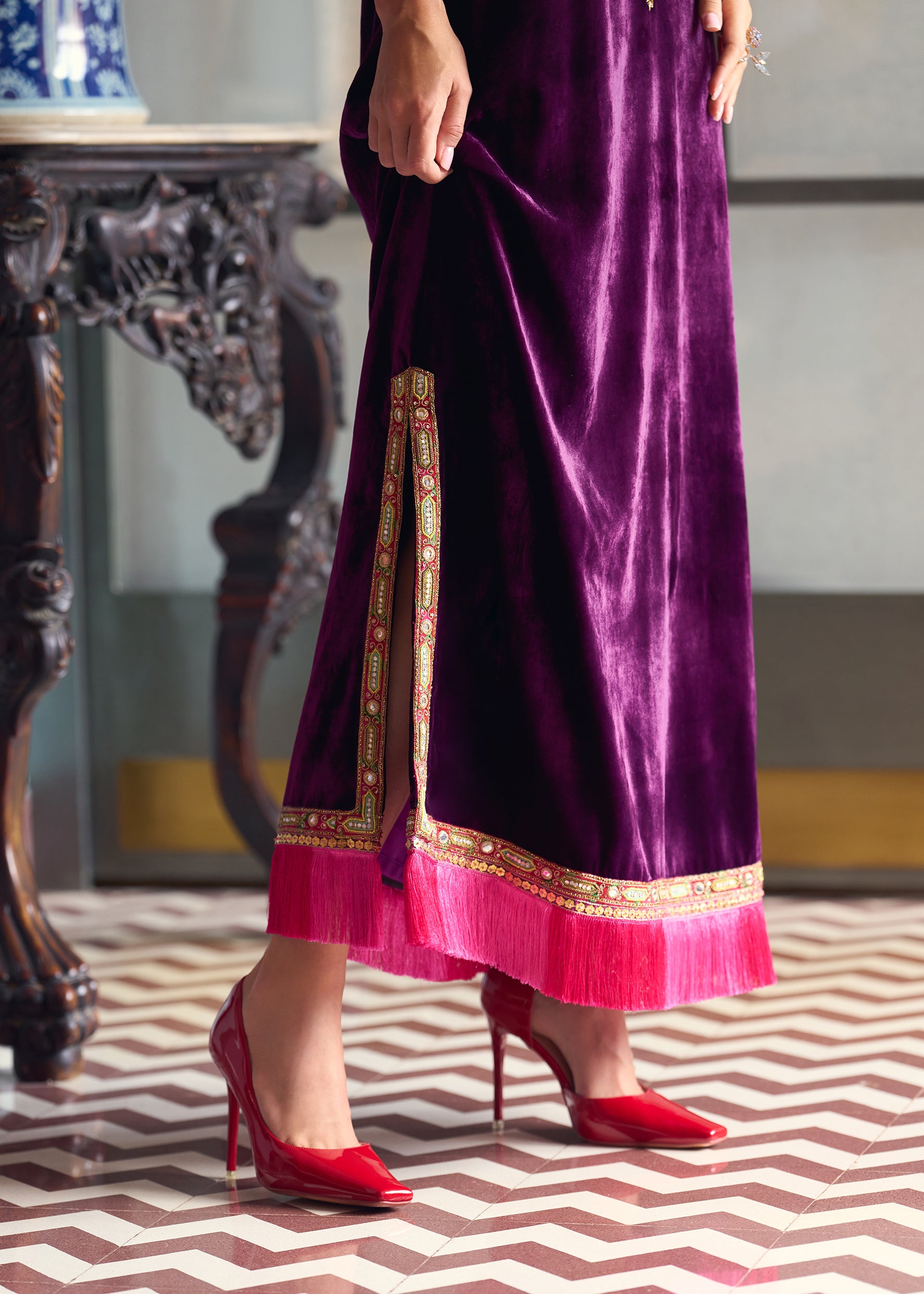 After Hours Purple Boota Yoke Velvet Kaftan Dress