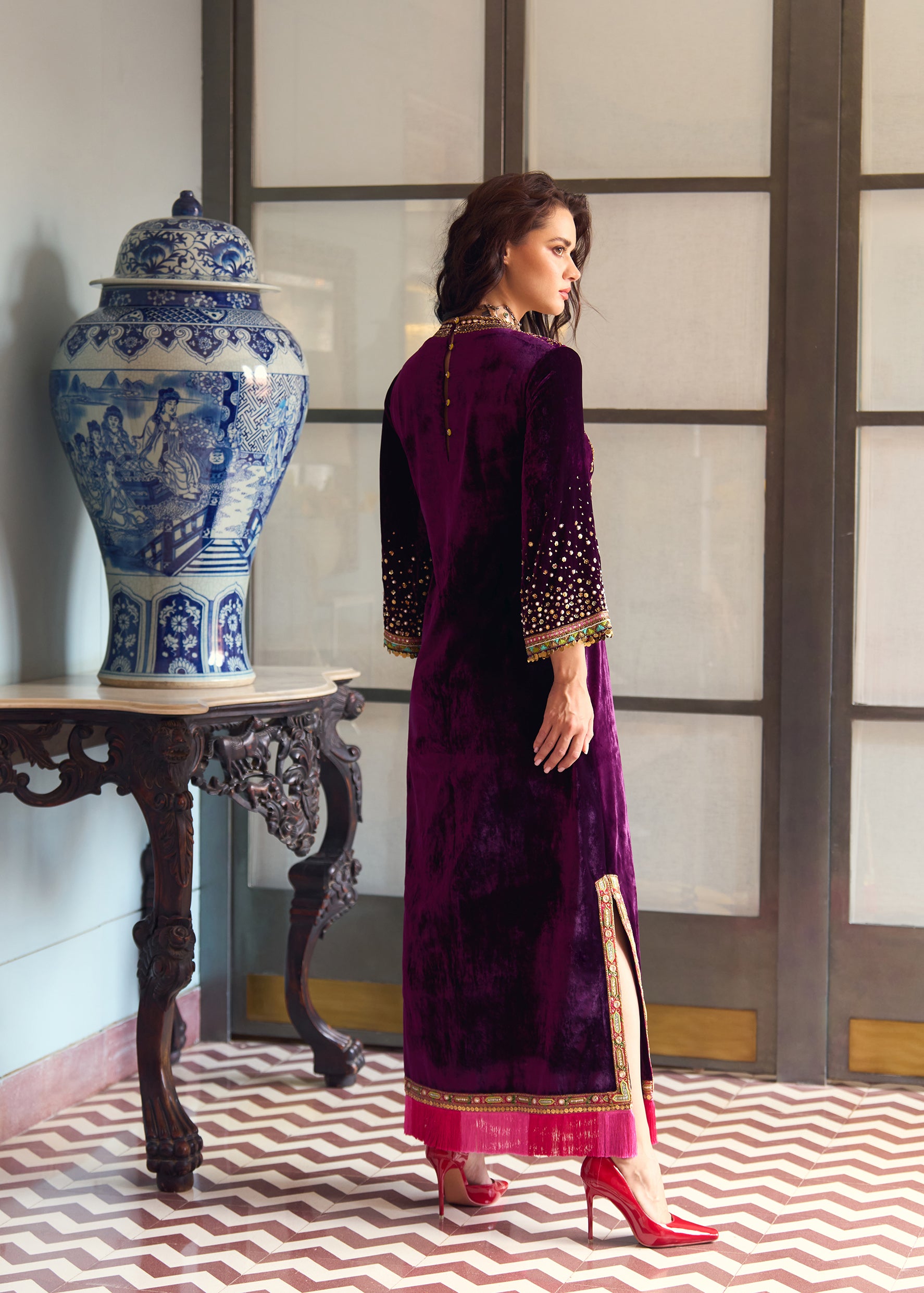 purple velvet embroidered dress Emily Embroidered Military Velvet Midi Dress Purple