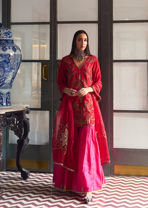 After Hours Red-Magenta Embroidered Silk Gharara Set