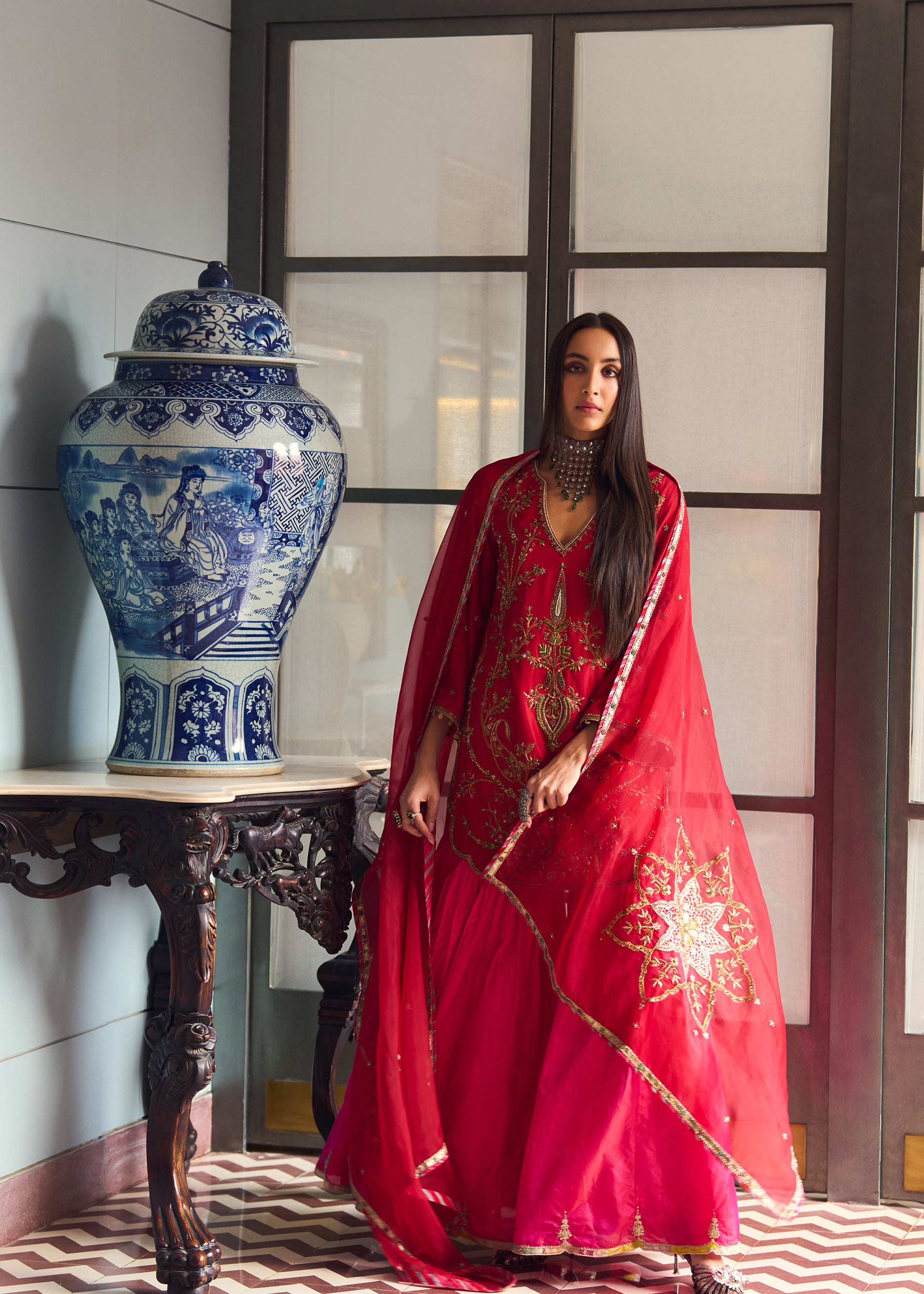 After Hours Red-Magenta Embroidered Silk Gharara Set