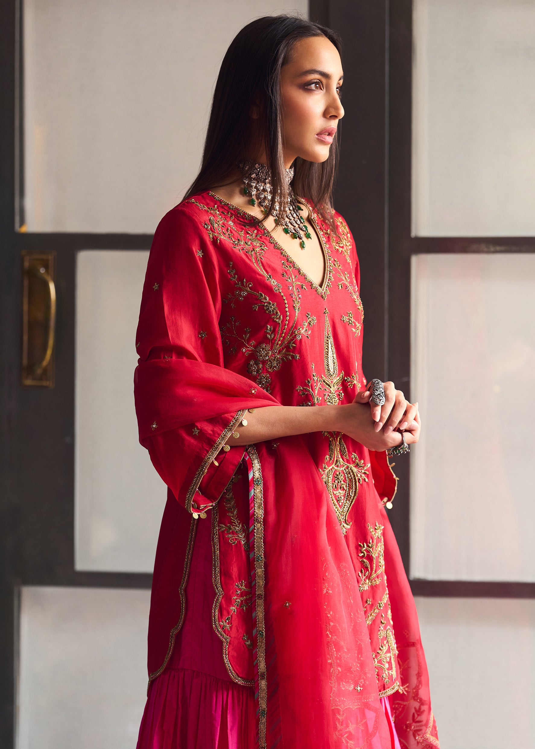 After Hours Red-Magenta Embroidered Silk Gharara Set