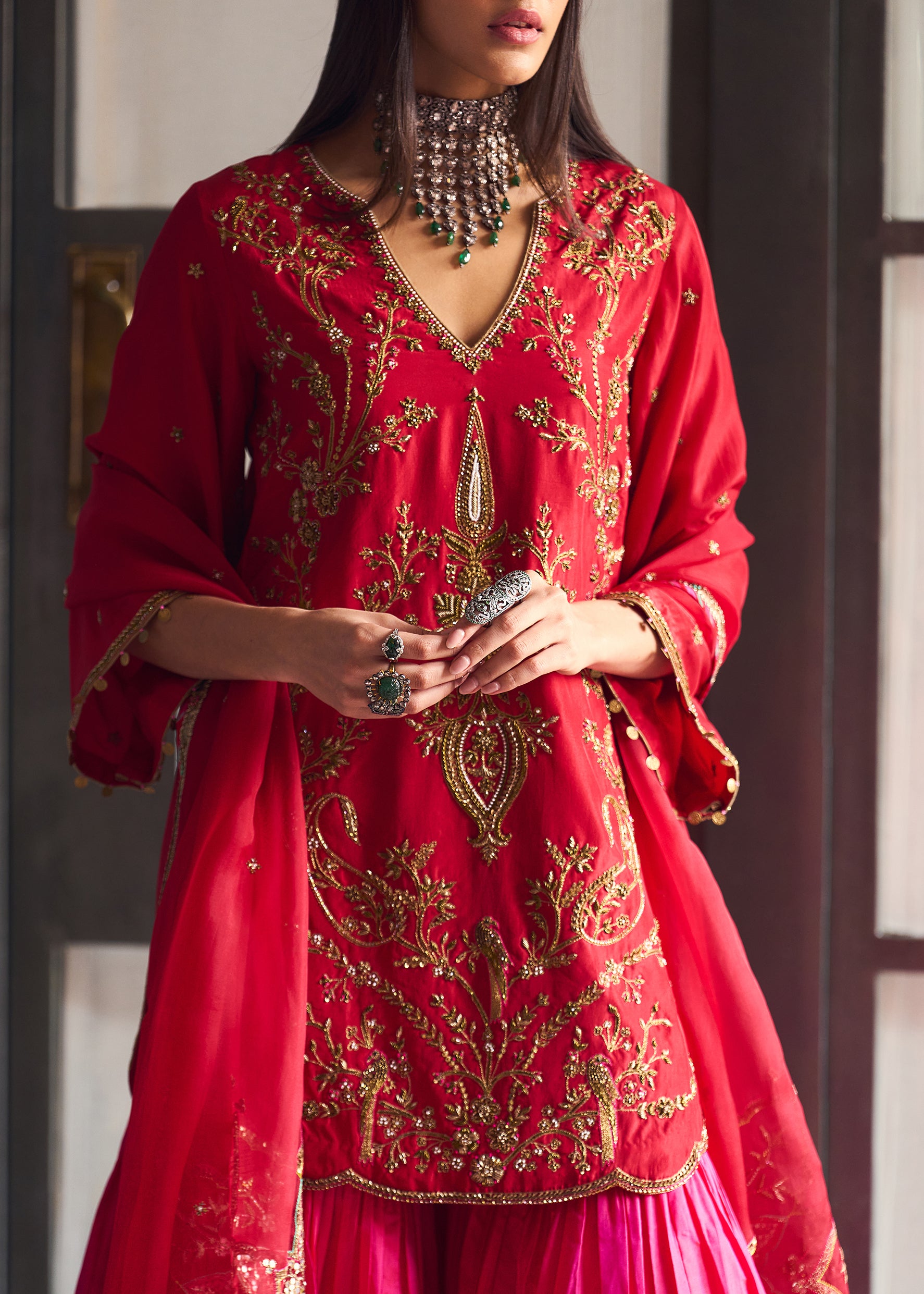 After Hours Red-Magenta Embroidered Silk Gharara Set