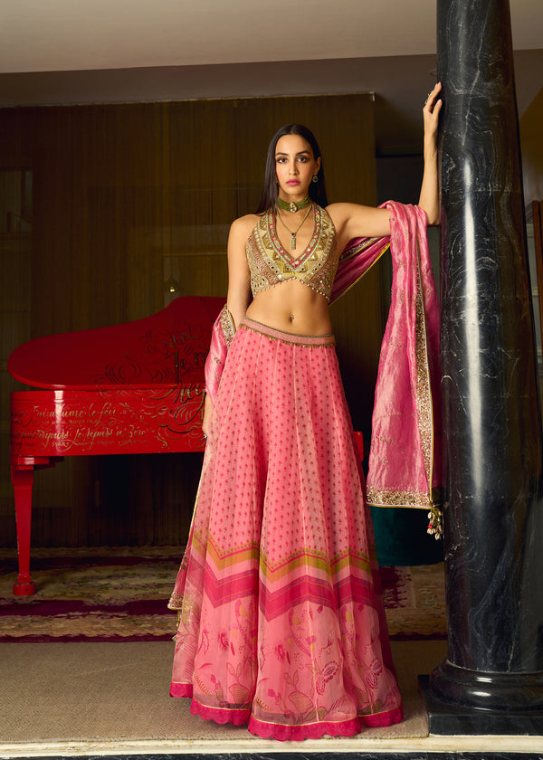 After Hours Pink Mirror Work Blouse With Printed Organza Lehenga Set
