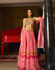 After Hours Pink Mirror Work Blouse With Printed Organza Lehenga Set