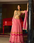After Hours Pink Mirror Work Blouse With Printed Organza Lehenga Set