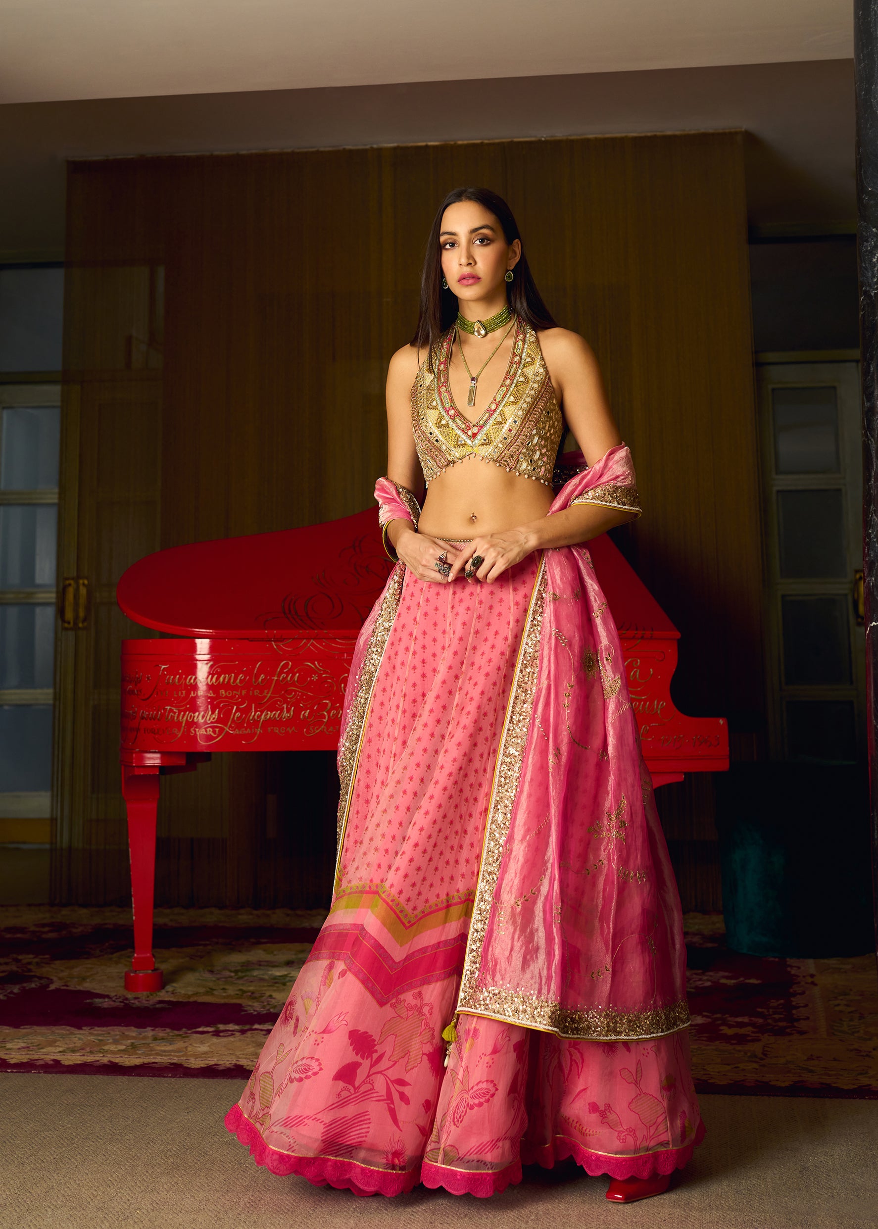 After Hours Pink Mirror Work Blouse With Printed Organza Lehenga Set