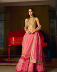 After Hours Pink Mirror Work Blouse With Printed Organza Lehenga Set