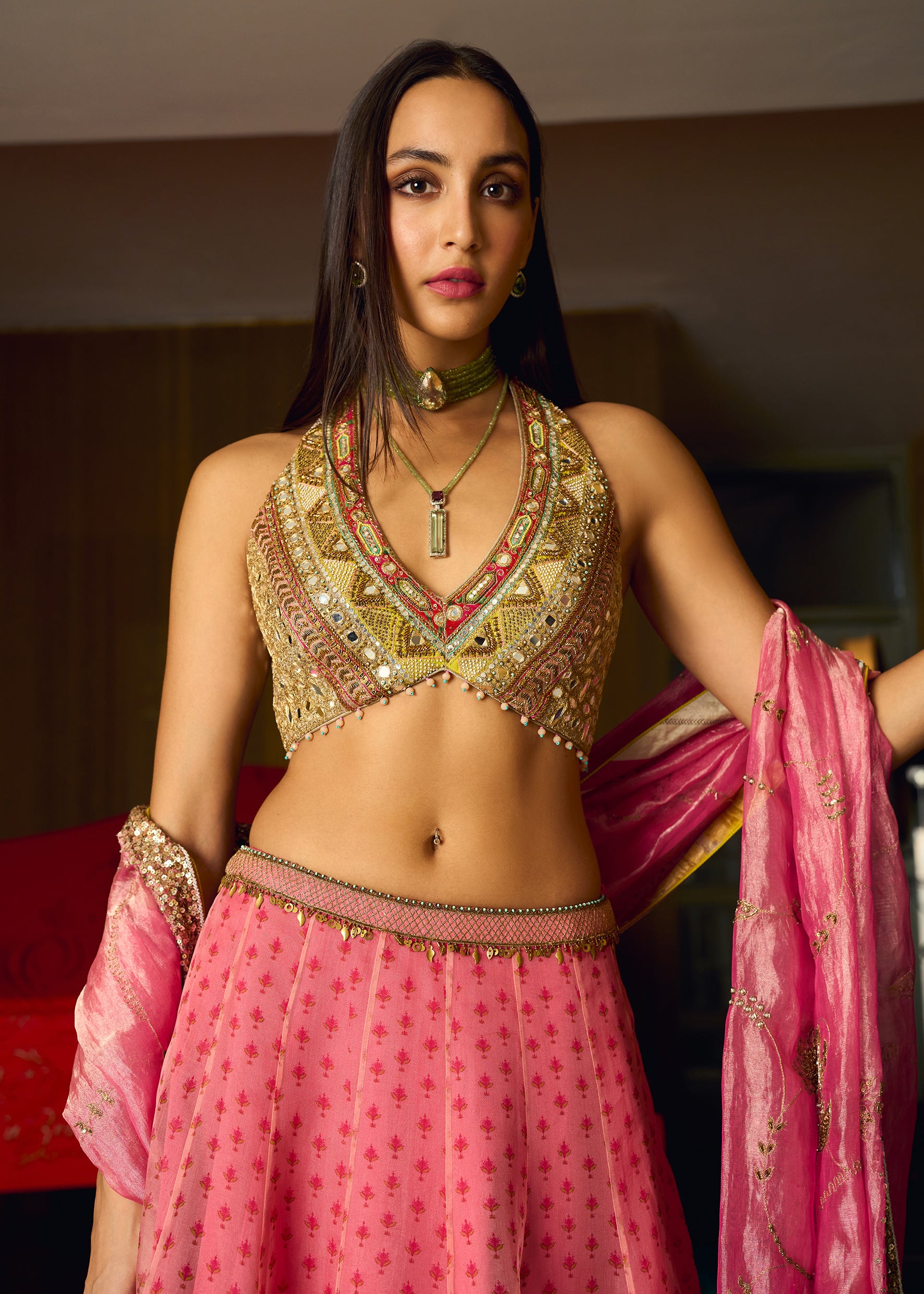 After Hours Pink Mirror Work Blouse With Printed Organza Lehenga Set