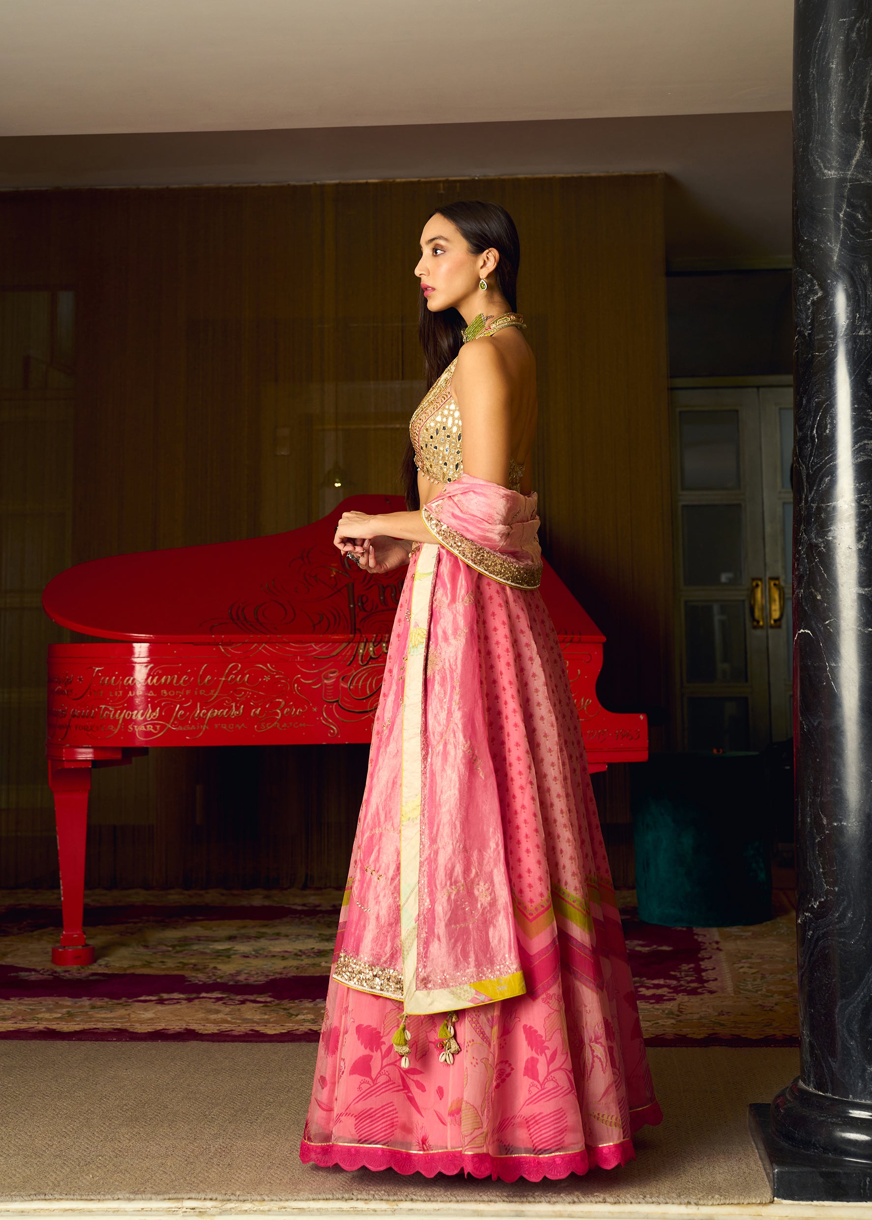 After Hours Pink Mirror Work Blouse With Printed Organza Lehenga Set