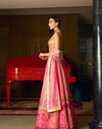 After Hours Pink Mirror Work Blouse With Printed Organza Lehenga Set