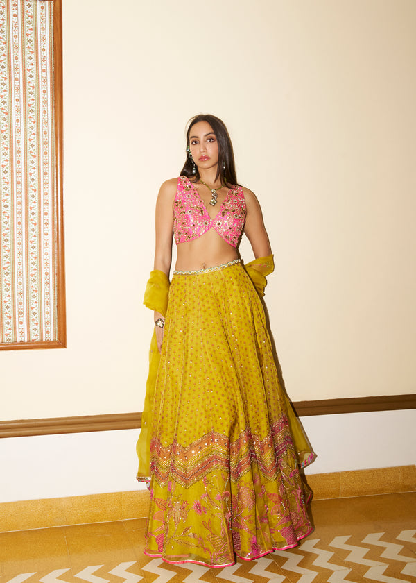 After Hours Hot Pink Cutwork Blouse And Yellow Embroidered Lehenga Set