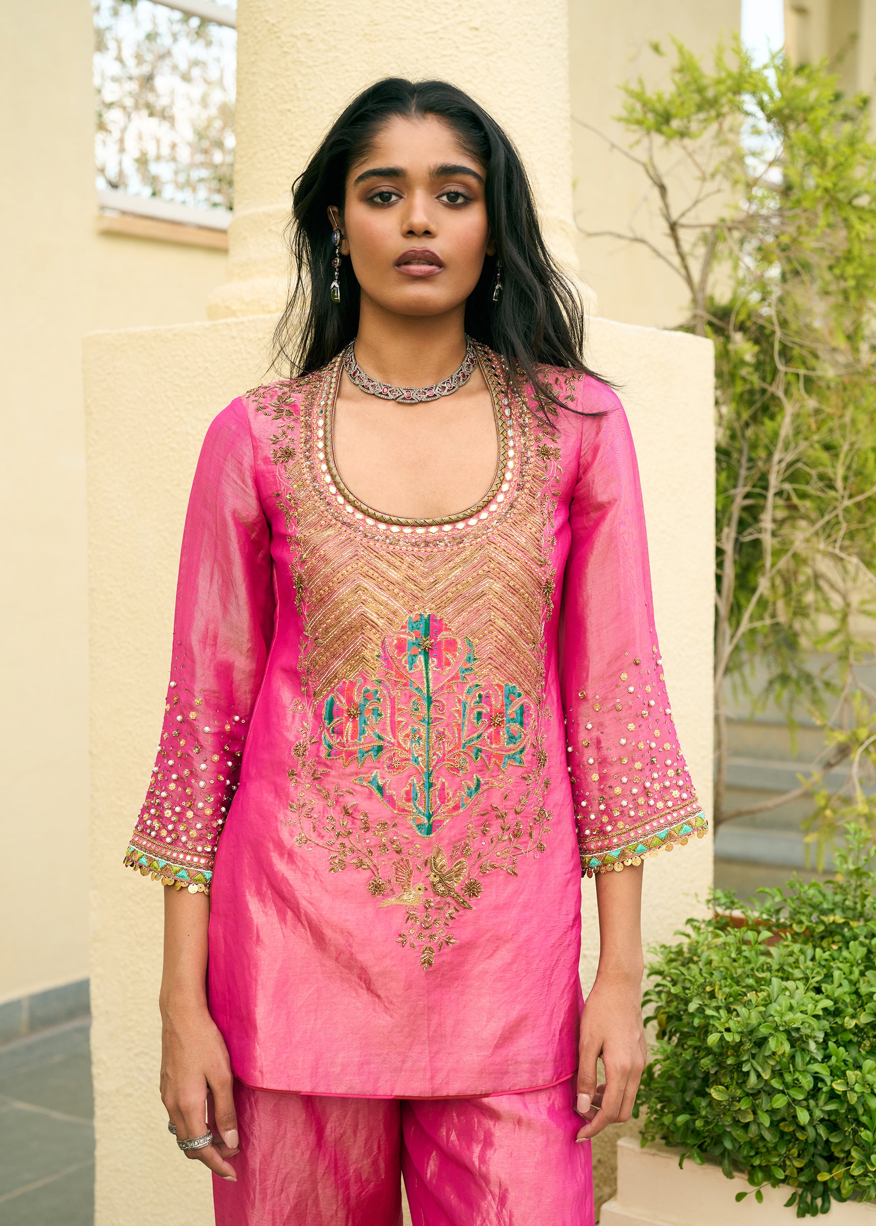 After Hours Hot Pink Tissue Boota Yoke Kurta Set