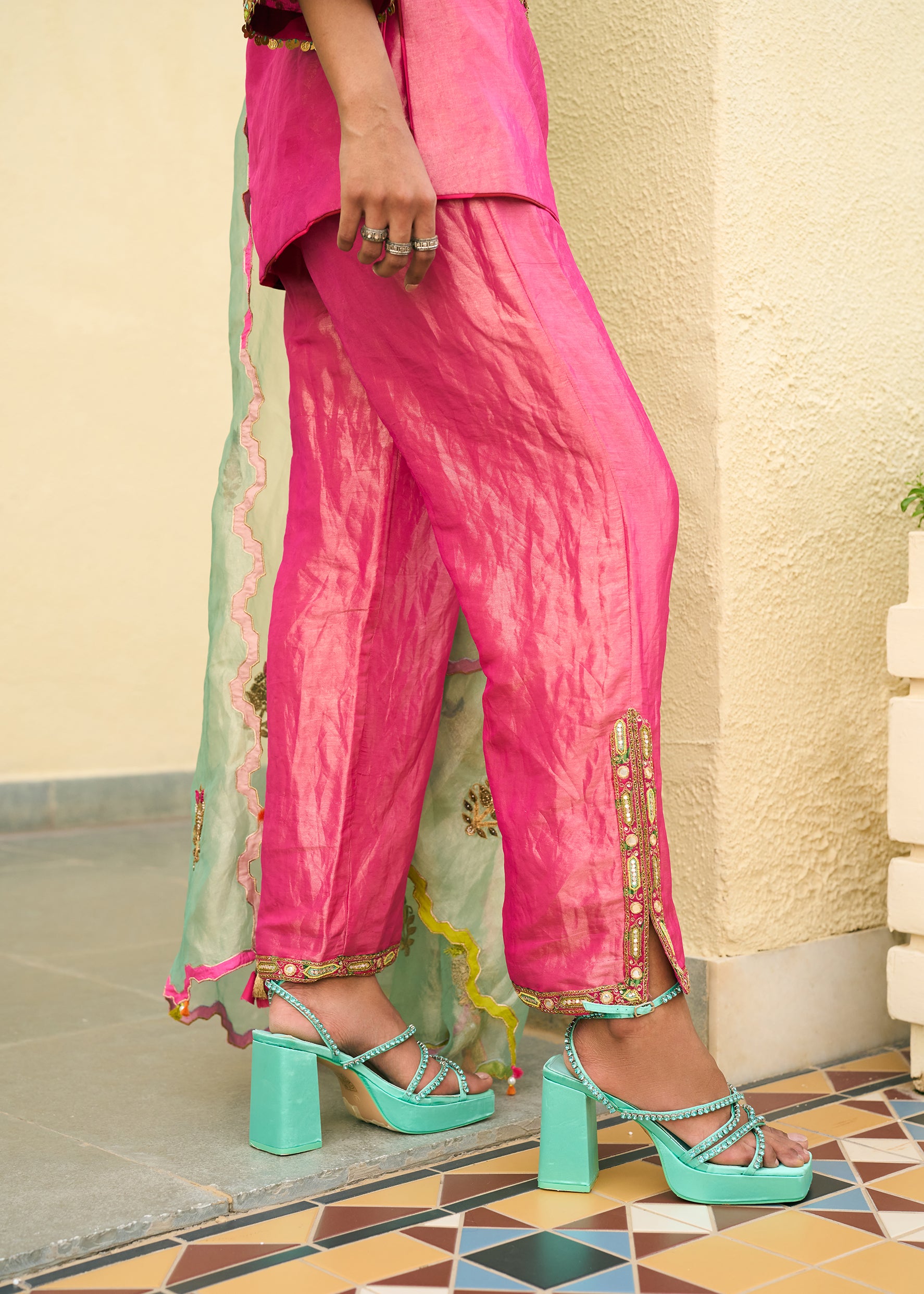 After Hours Hot Pink Tissue Boota Yoke Kurta Set