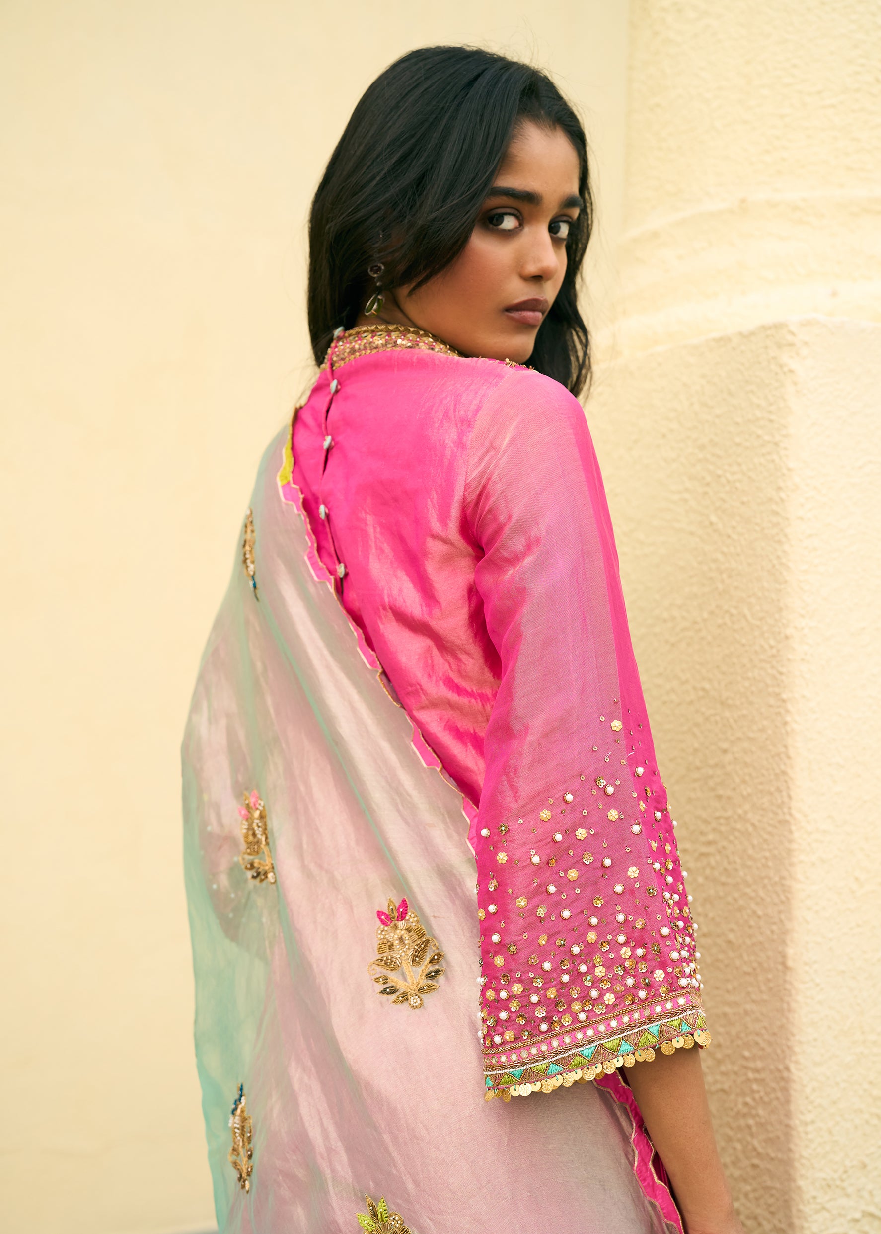 After Hours Hot Pink Tissue Boota Yoke Kurta Set