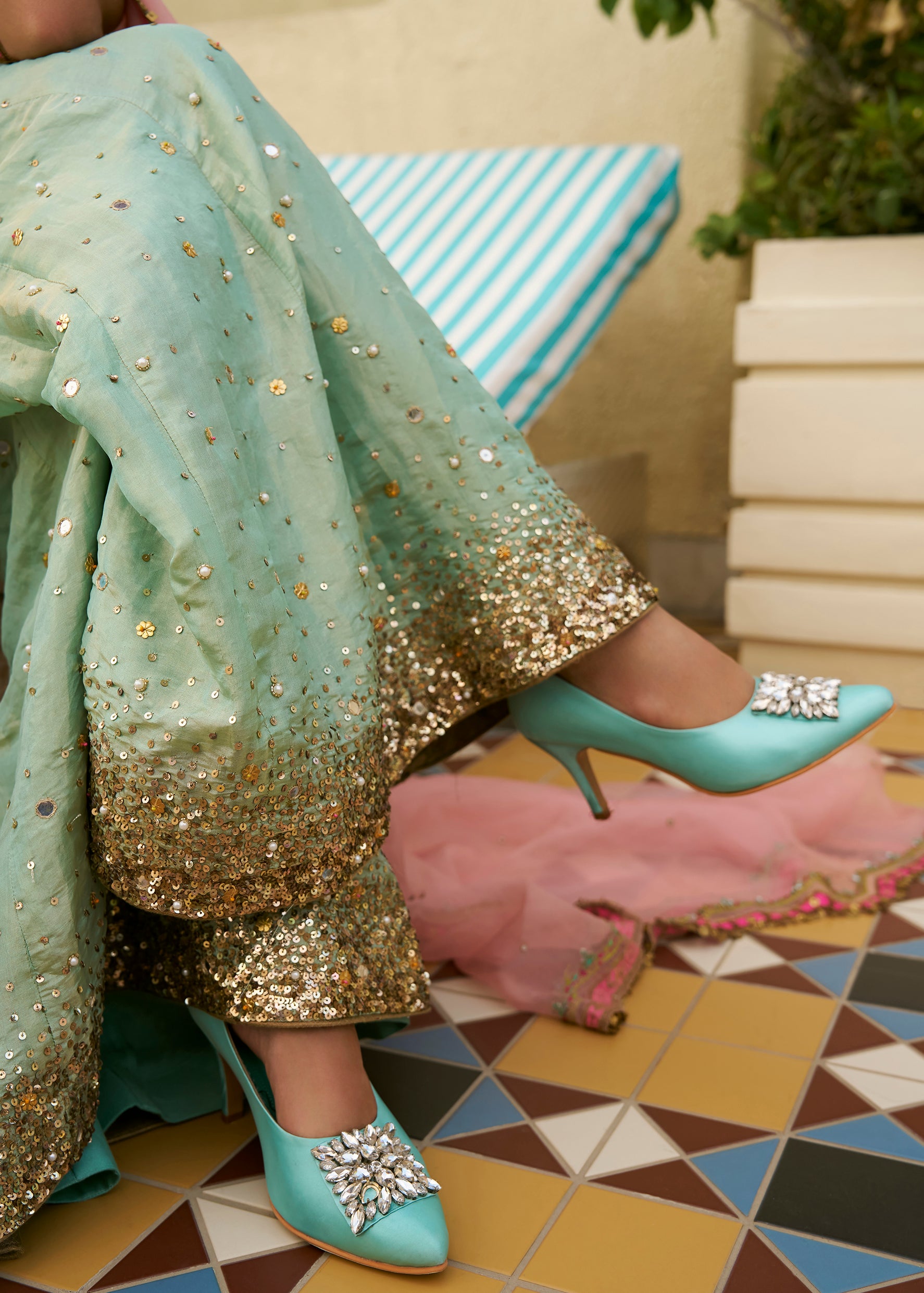 After Hours Sea Green Mirror Sharara Set