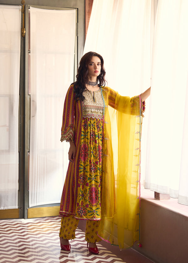 After Hours Mirror Yoke Yellow Puckering Kurta Set