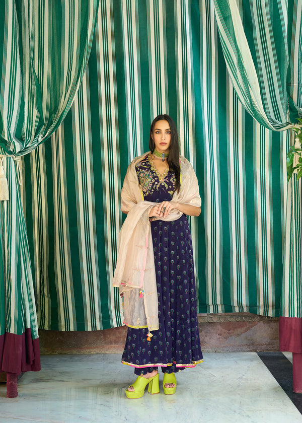 After Hours Purple printed Embroidered Yoke Anarkali Set