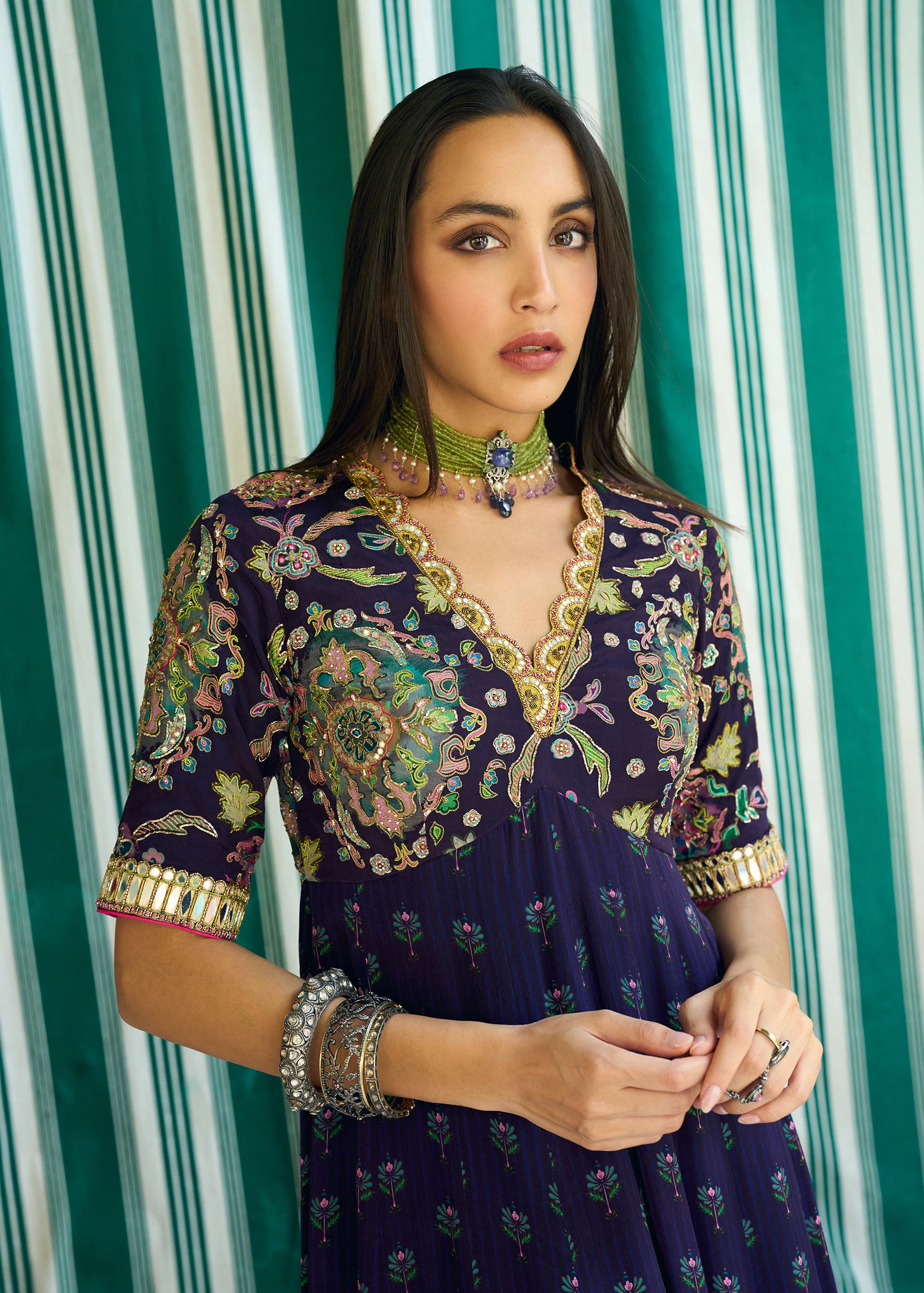 After Hours Purple printed Embroidered Yoke Anarkali Set