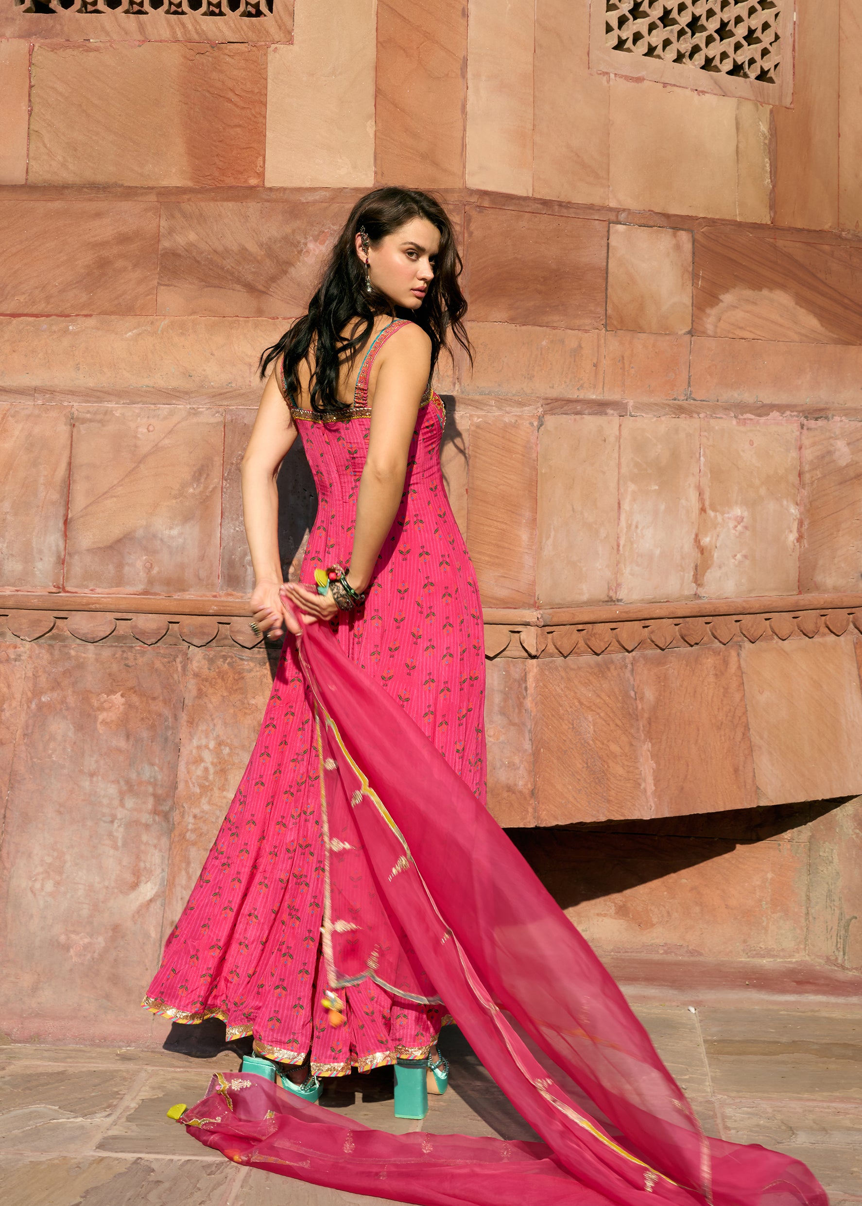 After Hours Hot Pink Embroidered Corset Anarkali Set