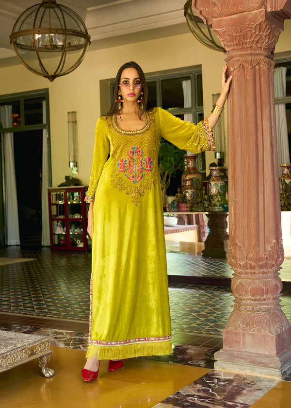 After Hours Lime Yellow Boota Velvet Kaftan Dress