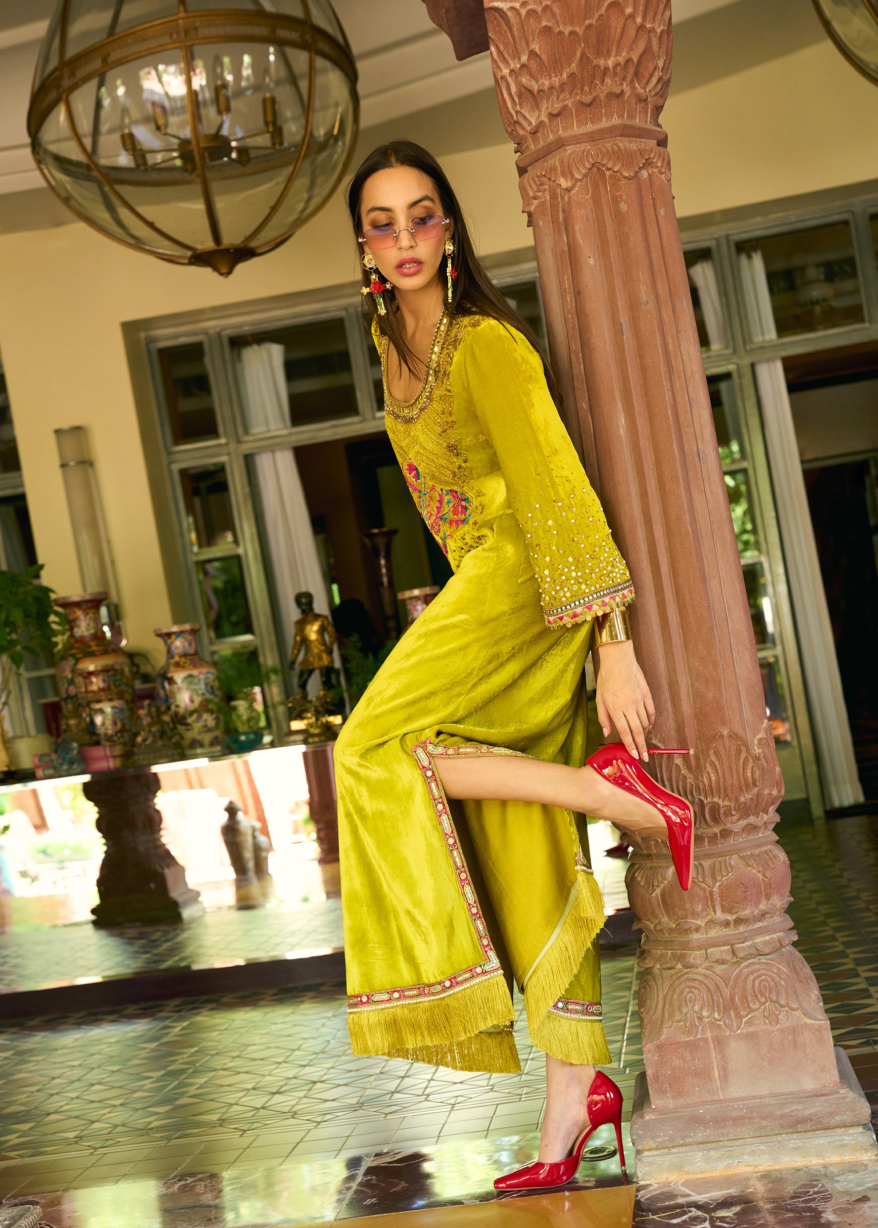 After Hours Lime Yellow Boota Velvet Kaftan Dress