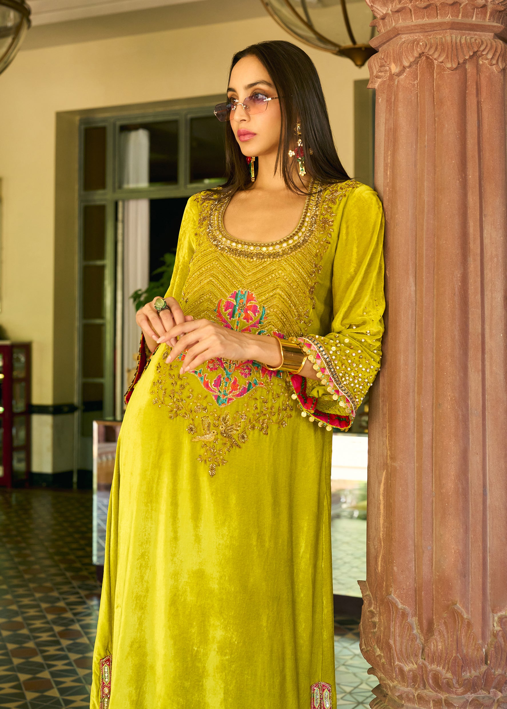 After Hours Lime Yellow Boota Velvet Kaftan Dress