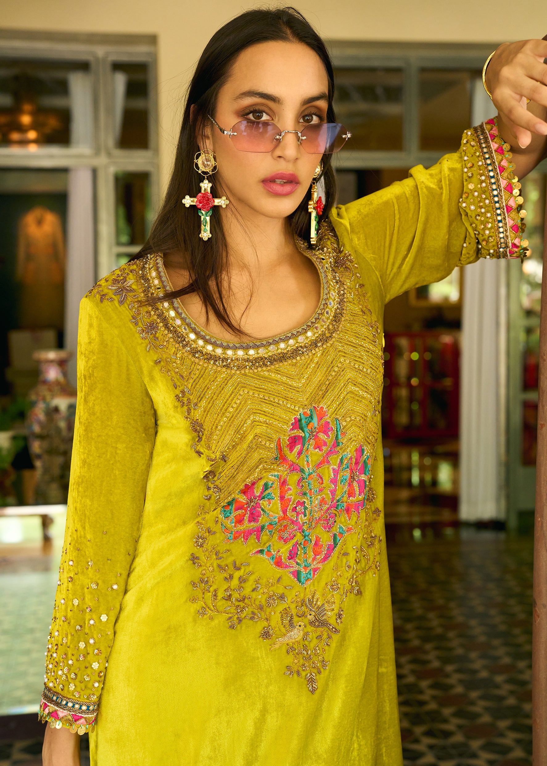 After Hours Lime Yellow Boota Velvet Kaftan Dress